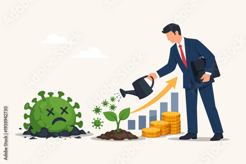 Businessman watering a growing plant representing economic recovery and financial growth after the COVID-19 pandemic crisis, symbolizing market restoration, investment, and business success.