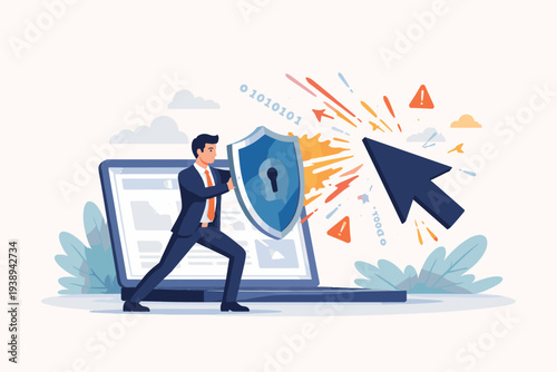 Cyber Security Protection Concept with a Businessman Holding a Shield to Guard a Laptop from Digital Attacks, Internet Hackers, and Data Breaches, Representing Privacy and Network Firewall Safety.