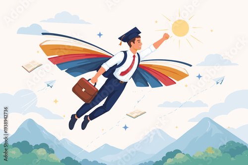 Graduate Student Flying with Book Wings Towards the Sun, Symbolizing Education, Academic Success, Personal Development, Knowledge Empowerment, Career Growth, and Professional Achievement.