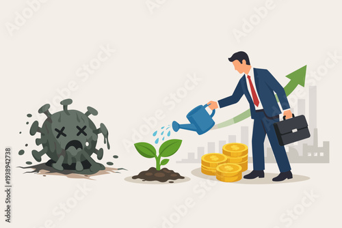 Economic recovery and financial restoration after the coronavirus COVID-19 pandemic crisis with a businessman watering a growing plant next to money coins and a rising profit arrow graph.