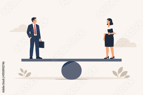 Gender equality and diversity concept with businessman and businesswoman standing on a balanced scale. Fairness, justice, and equal rights in the workplace. Professional career balance illustration.