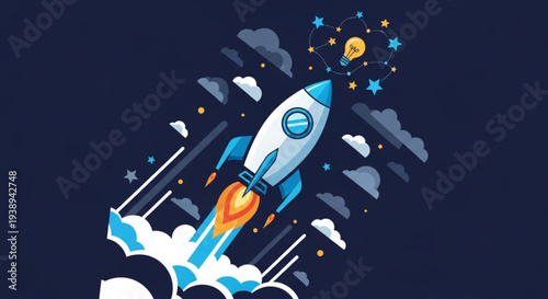 Rocket ship blasting off into the sky with bright idea lightbulb