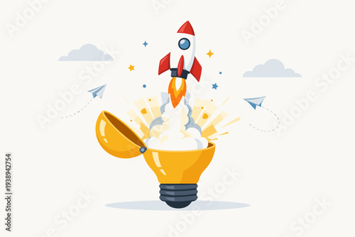 Rocket Launching from Open Lightbulb Symbolizing Innovation, Creative Startup Business Idea, Entrepreneurship Success, Breakthrough Vision, and New Project Beginning Vector Illustration Concept
