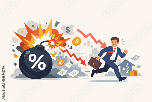 Businessman Running from Exploding Interest Rate Bomb Representing Economic Recession, Financial Crisis, Inflation, Stock Market Crash, Debt Burden, and Bankruptcy in Global Market Economy Concept