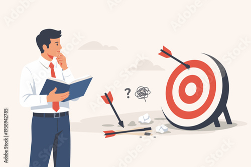 Businessman Learning from Failure and Mistakes to Achieve Success, Thinking Man Holding Book and Analyzing Missed Arrows on Target, Concept of Persistence, Growth Mindset, and Strategic Planning