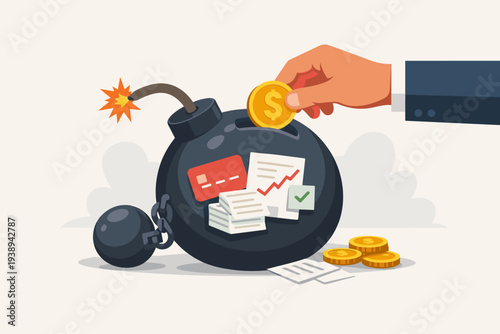 Businessman hand putting money into a bomb piggy bank with credit card and debt documents, symbolizing financial crisis, economic risk, bankruptcy, loan liability, and heavy unpaid obligations.
