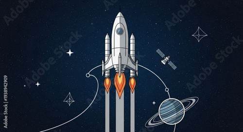 Silver rocket launching into starry night sky with planet and satellite