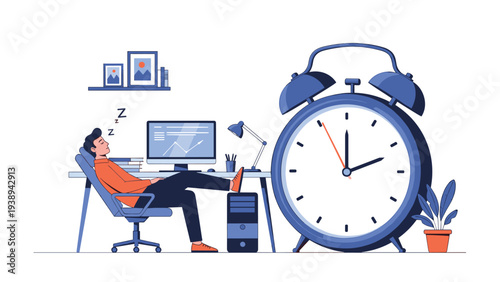 Tired office employee sleeping in chair at desk with large alarm clock in background representing time management and fatigue.