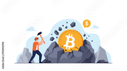 Industrial worker in hard hat using pickaxe to mine large gold bitcoin from rocky mountain for cryptocurrency mining concept.