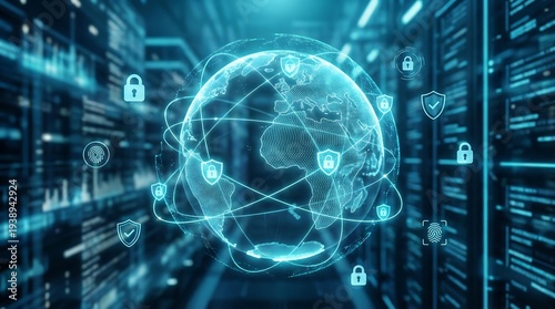 Digital illustration of a globe surrounded by interconnected lines and padlocks in a futuristic server room with blue tones.