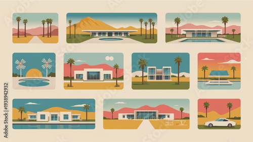 Retro style houses with palm trees and desert landscapes in a collage