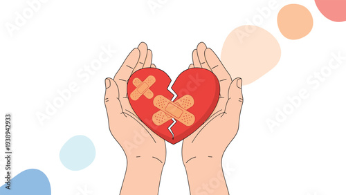 Caring hands gently holding a red broken heart mended with cross bandages representing emotional healing and support.