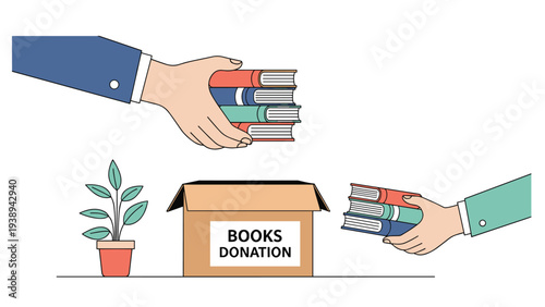 Close up of hands placing stacks of books into cardboard donation box next to potted plant for charity drive activity.
