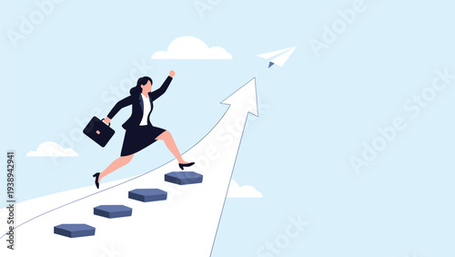 Successful businesswoman running up a rising white arrow with stone steps toward paper airplane symbolizing career ambition.