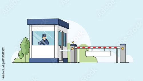 Professional security guard in uniform sitting in booth with automatic barrier arm for restricted area entrance control.