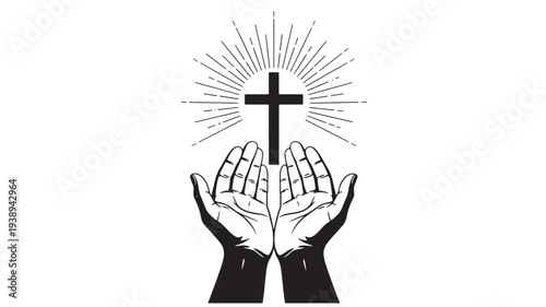 Hands praying to a black Christian cross with radiating light rays above, symbolizing faith and spirituality in a black and white illustration.