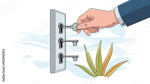 Hand of a businessman inserting a silver key into one of three vertical locks on a modern door to symbolize security and finding a solution.