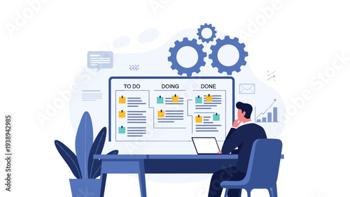 Professional male employee sitting at a desk and looking at a digital task management board with to do doing and done columns for project planning.