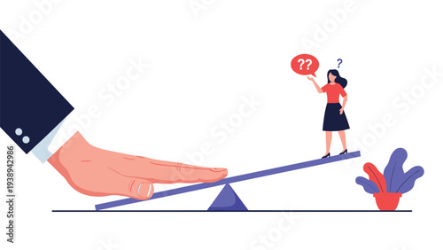 Large hand of a male executive pressing down on a seesaw to lift a confused woman who is surrounded by question marks and thinking about choices.