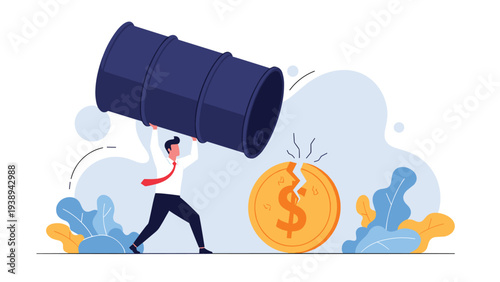 Strong man wearing a tie lifting a heavy oil barrel to crush a golden dollar coin representing the impact of energy prices on the global economy.