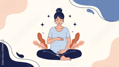 Pregnant woman sitting in a lotus meditation pose with closed eyes and stars around her head to symbolize peace mindfulness and healthy pregnancy.