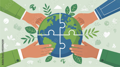 Diverse hands assembling a jigsaw puzzle of the earth with leaves and flowers around it