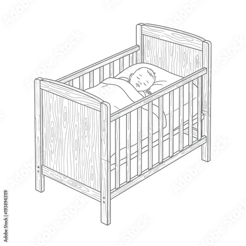 Baby sleeping peacefully in a wooden crib.
