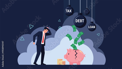 Worried businessman looking at a broken piggy bank with money flying out while bombs labeled tax debt and loan hang above his head in a dark cloud.