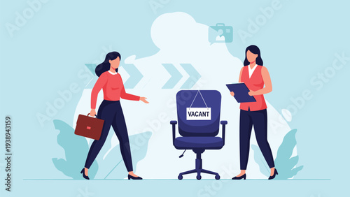 Two professional women in a modern office standing near a vacant chair with a sign representing job recruitment and hiring for a new position.