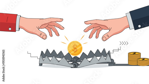 Two human hands reaching for a gold dollar coin placed inside a dangerous metal animal trap representing the risks and traps of greed in finance.
