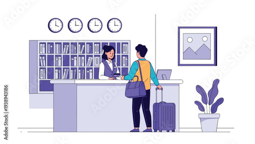 Male traveler with a suitcase and shoulder bag checking in at a hotel reception desk and giving a credit card to the female receptionist for payment.