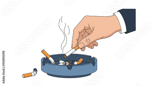 Businessman's hand pressing a lit cigarette into a blue ashtray filled with multiple butts to extinguish it representing a habit or smoking break.