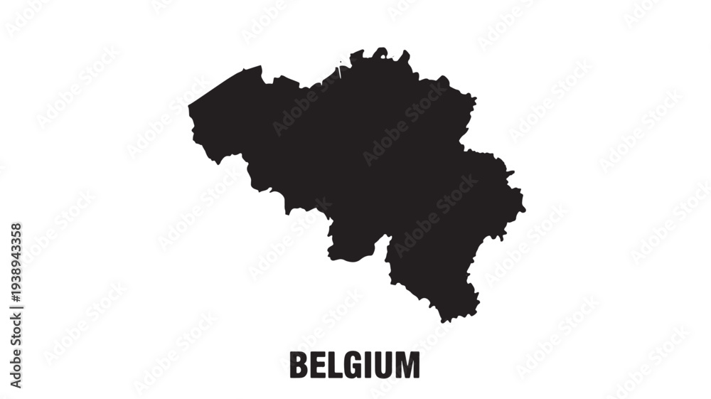 Obraz premium Belgium map silhouette with country name text in bold black font, a geographic illustration on white.