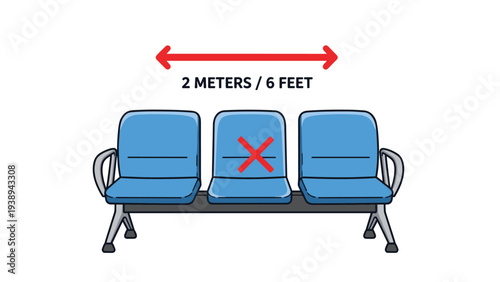 Three blue airport waiting room chairs with a red cross on the middle seat and an arrow indicating a two meter social distancing requirement.