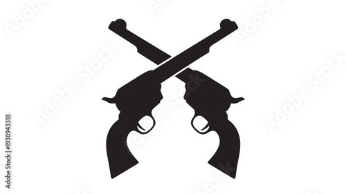 Revolvers crossed silhouette, symbolizing danger and conflict in a bold graphic design with a black outline on a white background.