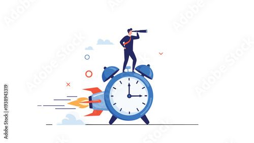 Businessman standing on top of a large blue alarm clock with rocket boosters and using a telescope to look into the distance for future trends.