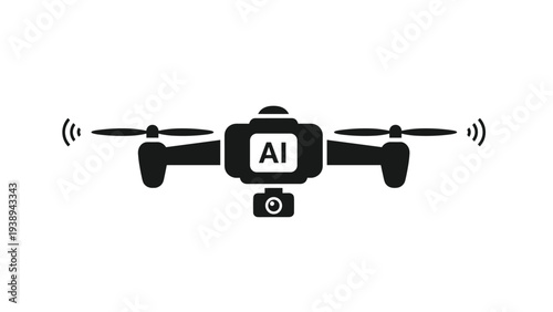 Black silhouette icon of a modern delivery drone with an artificial intelligence logo and a camera attached for surveillance and technology use.