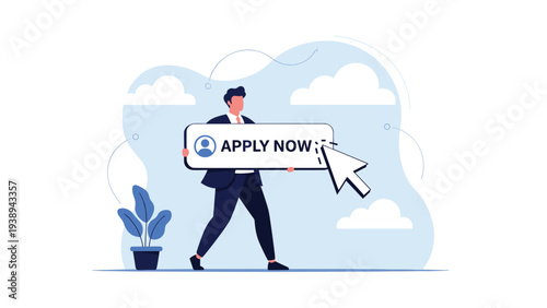 Professional businessman in a suit holding a large white apply now button while a digital cursor arrow clicks on it for job recruitment.