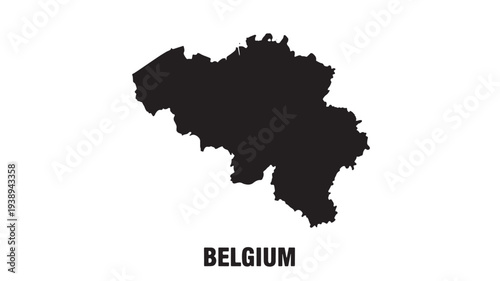 Belgium map silhouette with country name text in bold black font, a geographic illustration on white.