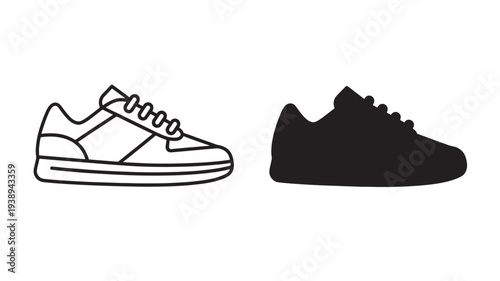 Sneakers outlined and as a solid black silhouette, presented side by side against a white background.