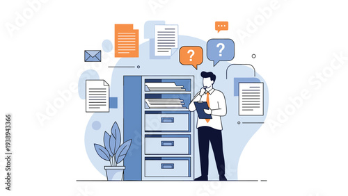Professional man standing in front of an office filing cabinet and looking at floating documents question marks and digital files for organization.