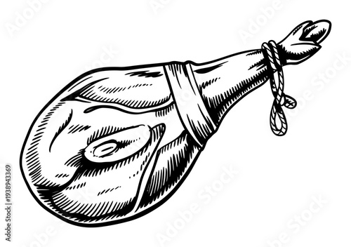 Black and White of a Cured Ham Leg with Rope