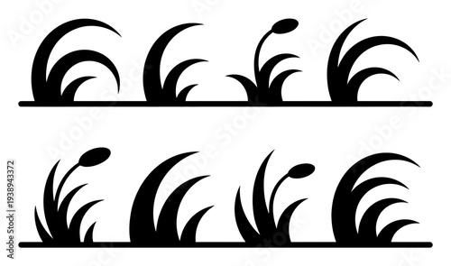 Black Silhouette of Reeds and Cattails on White Background