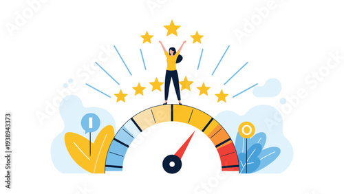 Successful woman standing on top of a large performance speedometer gauge with five gold stars above her head representing top rating and quality.