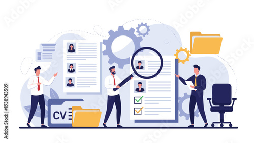Team of recruitment specialists using a large magnifying glass to carefully review candidate resumes and CVs for a job opening.