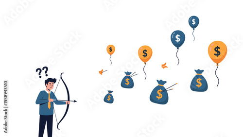 Confused archer holding a bow and arrow while looking at various money bags and dollar balloons floating in the air.
