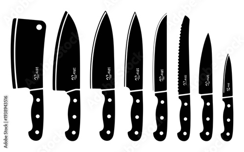 Collection of Black Silhouettes of Kitchen Knives on White Background