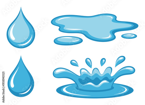 Collection of stylized water drops, splashes, and puddles