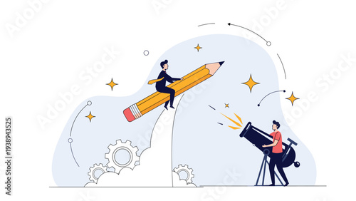Ambitious professional flying high on a giant pencil rocket as another colleague observes the trajectory through a telescope.