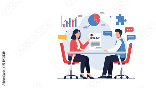 Female human resources manager conducting a job interview with a male candidate sitting across the desk in a professional office.